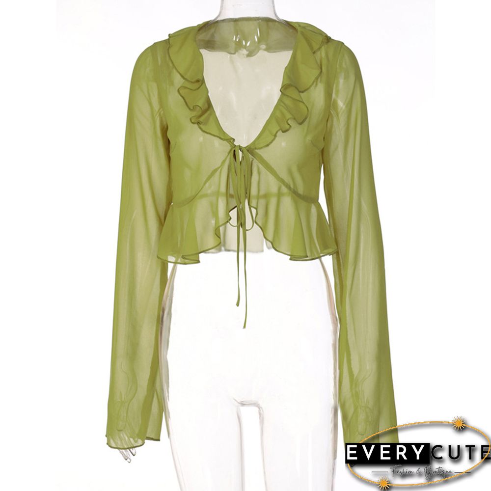 Green Ruffle V Neck Lace-up Long Sleeve Crop Tops