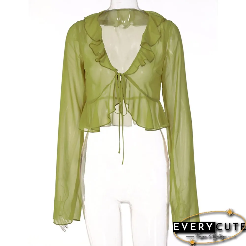 Green Ruffle V Neck Lace-up Long Sleeve Crop Tops