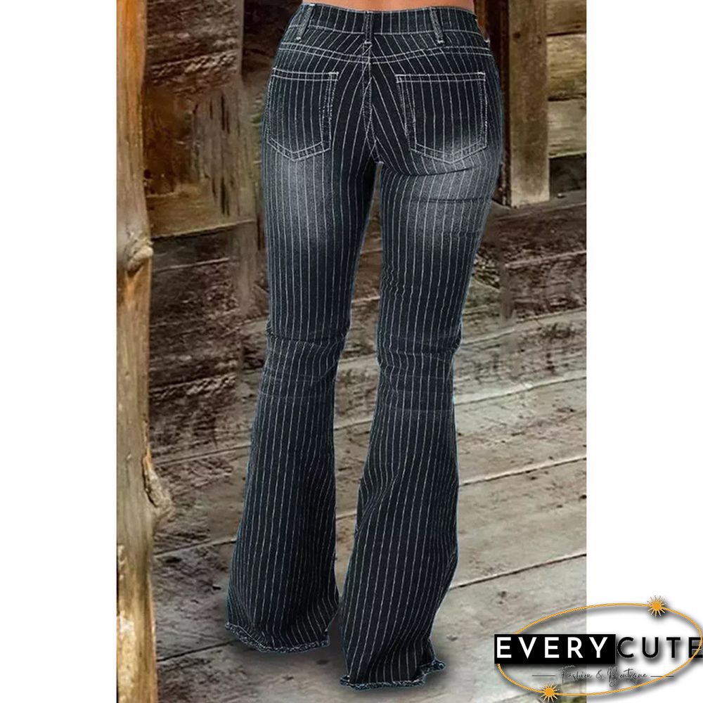 Pocketed Striped Bell Bottom Denim Pants