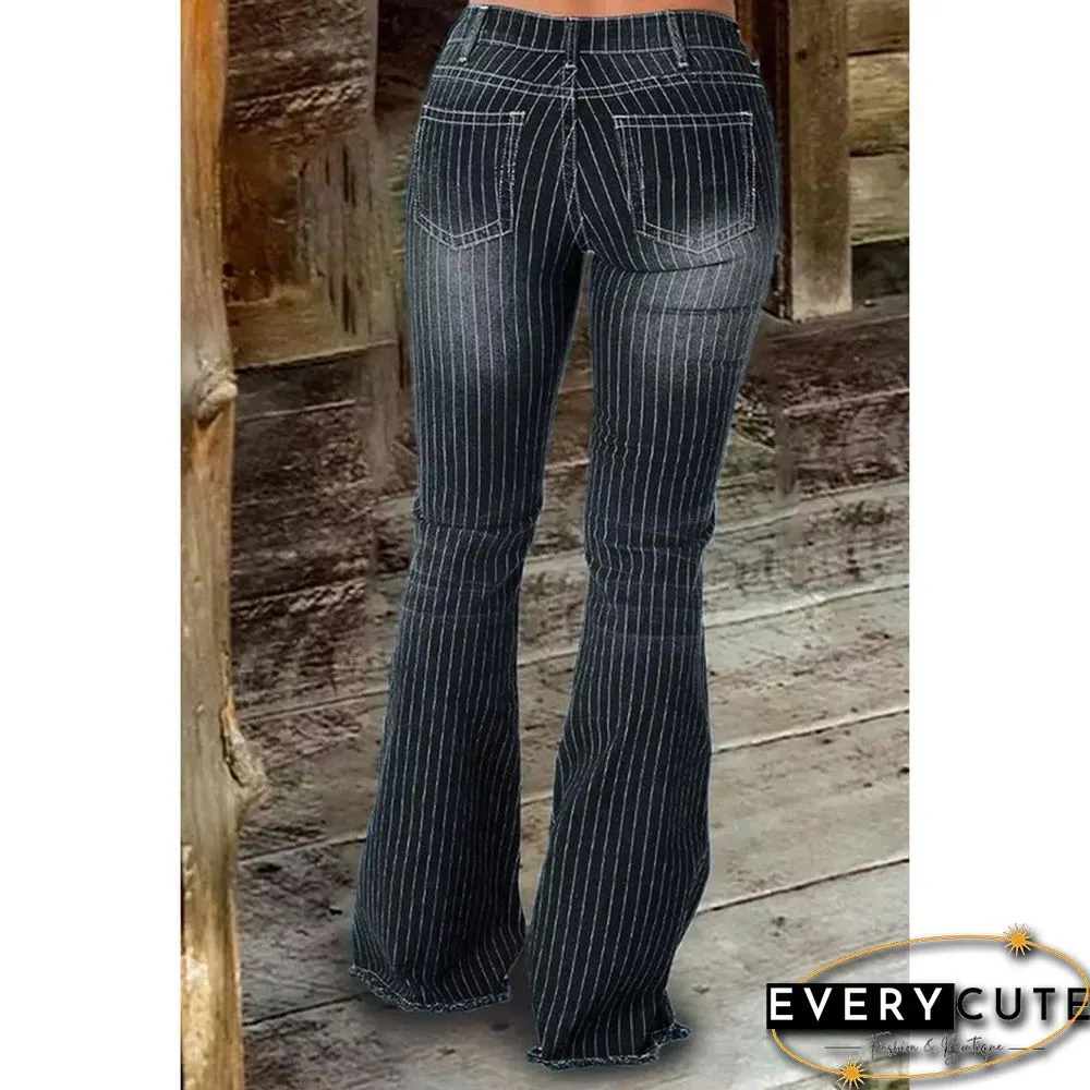 Pocketed Striped Bell Bottom Denim Pants