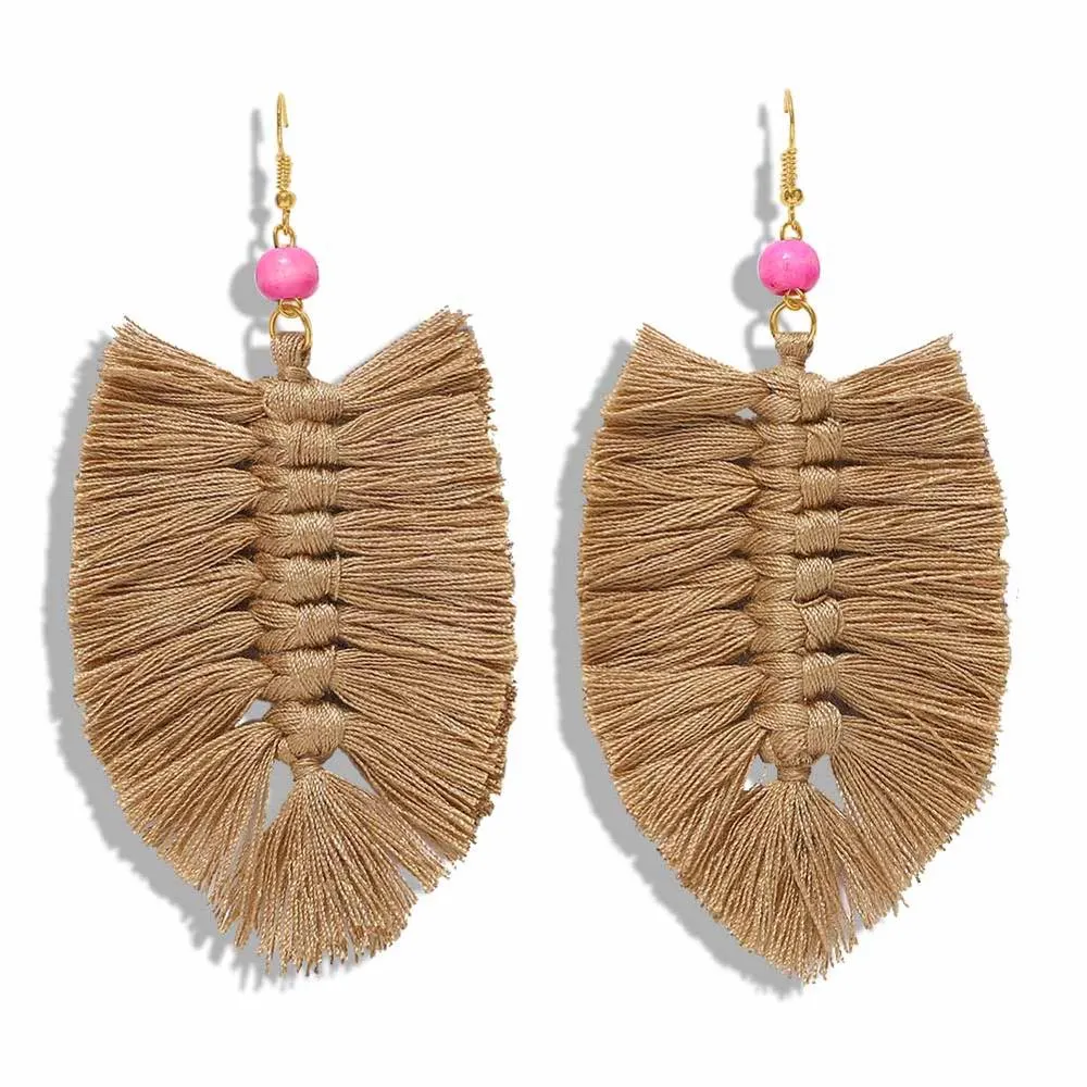 Dvacaman 2020 New Design Bohemian Leaf Shape Tassel Earrings For Women Fashion Weave Macrame Cotton Thread Earrings Drop Jewelry