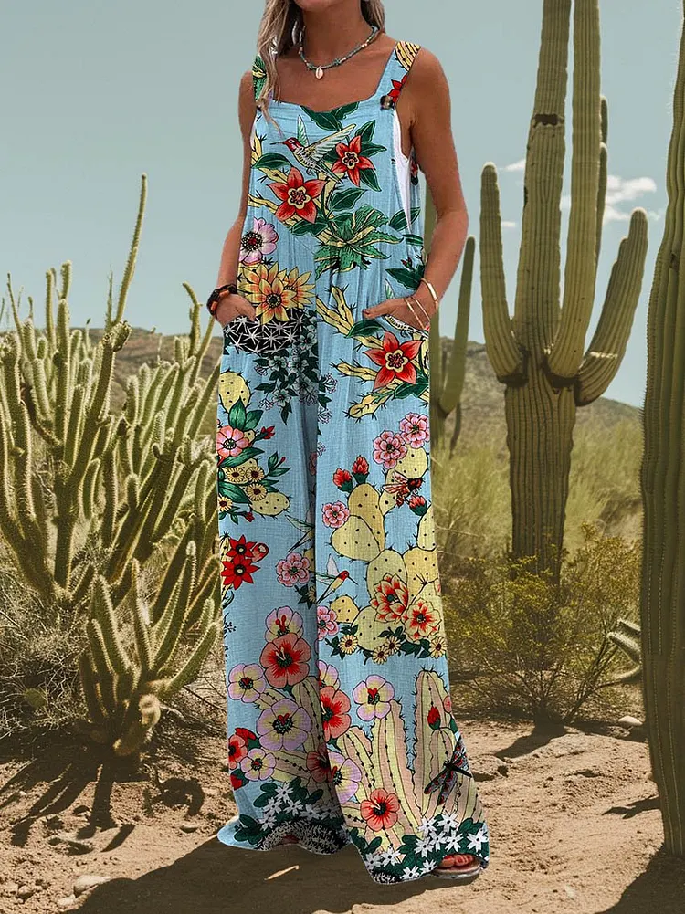Women's Hacienda Cactus Print Casual Strap Wide Leg Pants