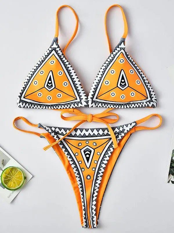 Printed Triangles Bandage Split Bikini Swimsuit