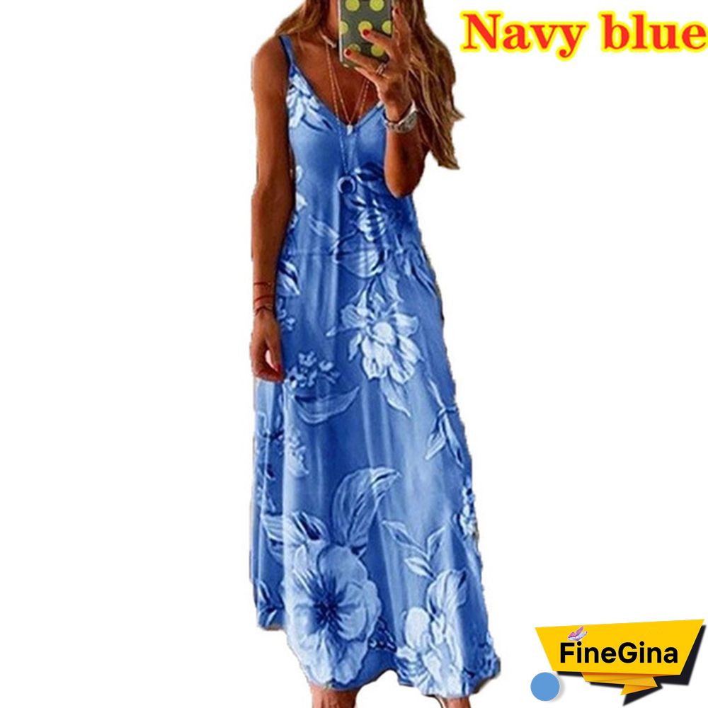S-8XL Plus Size Vrouwen Maxi Jurk Zomer Casual Sexy Boho Gedrukt Lange Jurk Mouwloze V-hals Kleding Jurk Losse Vestido