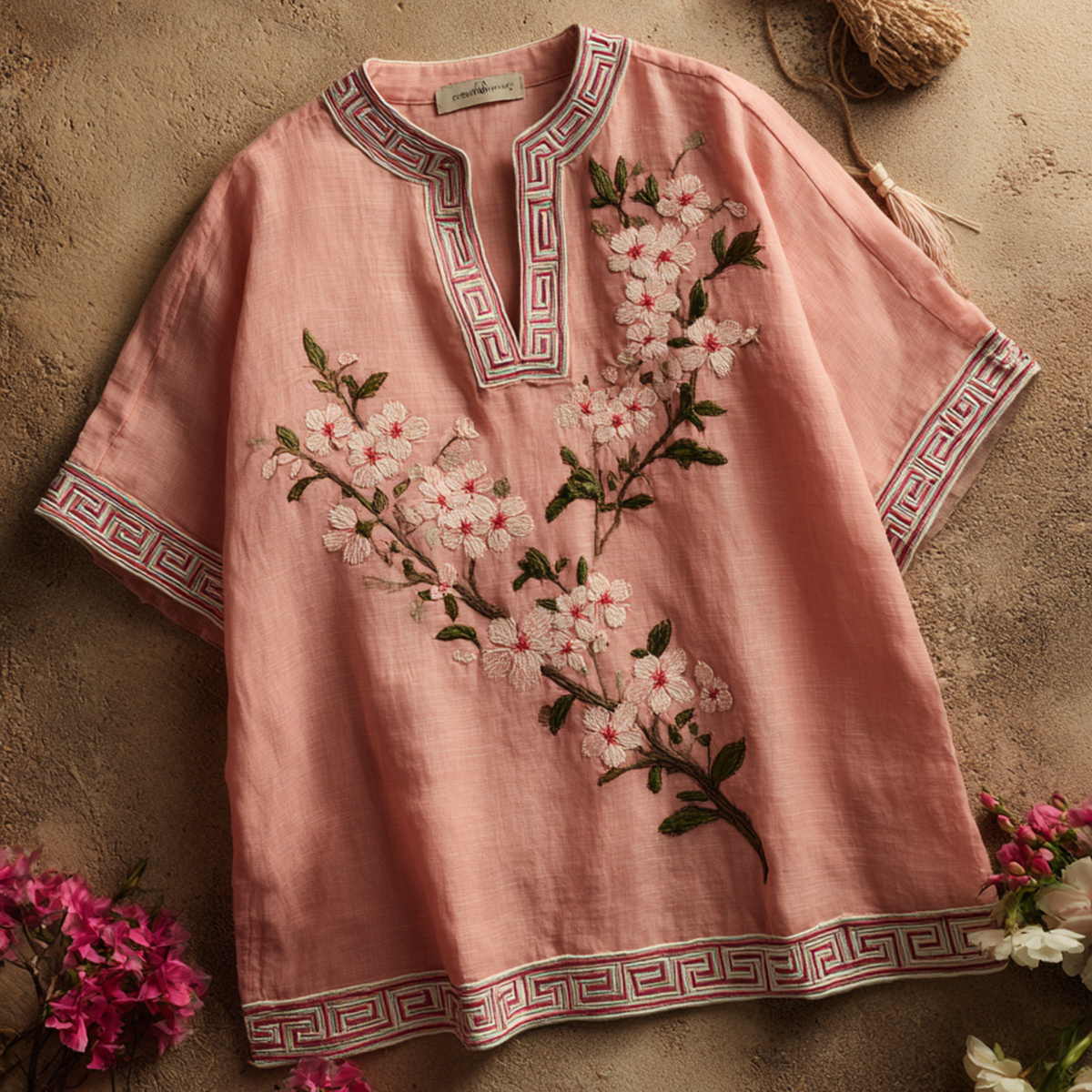 Comstylish Retro Cherry Blossom Embroidery Pattern Linen Short Sleeve Tops
