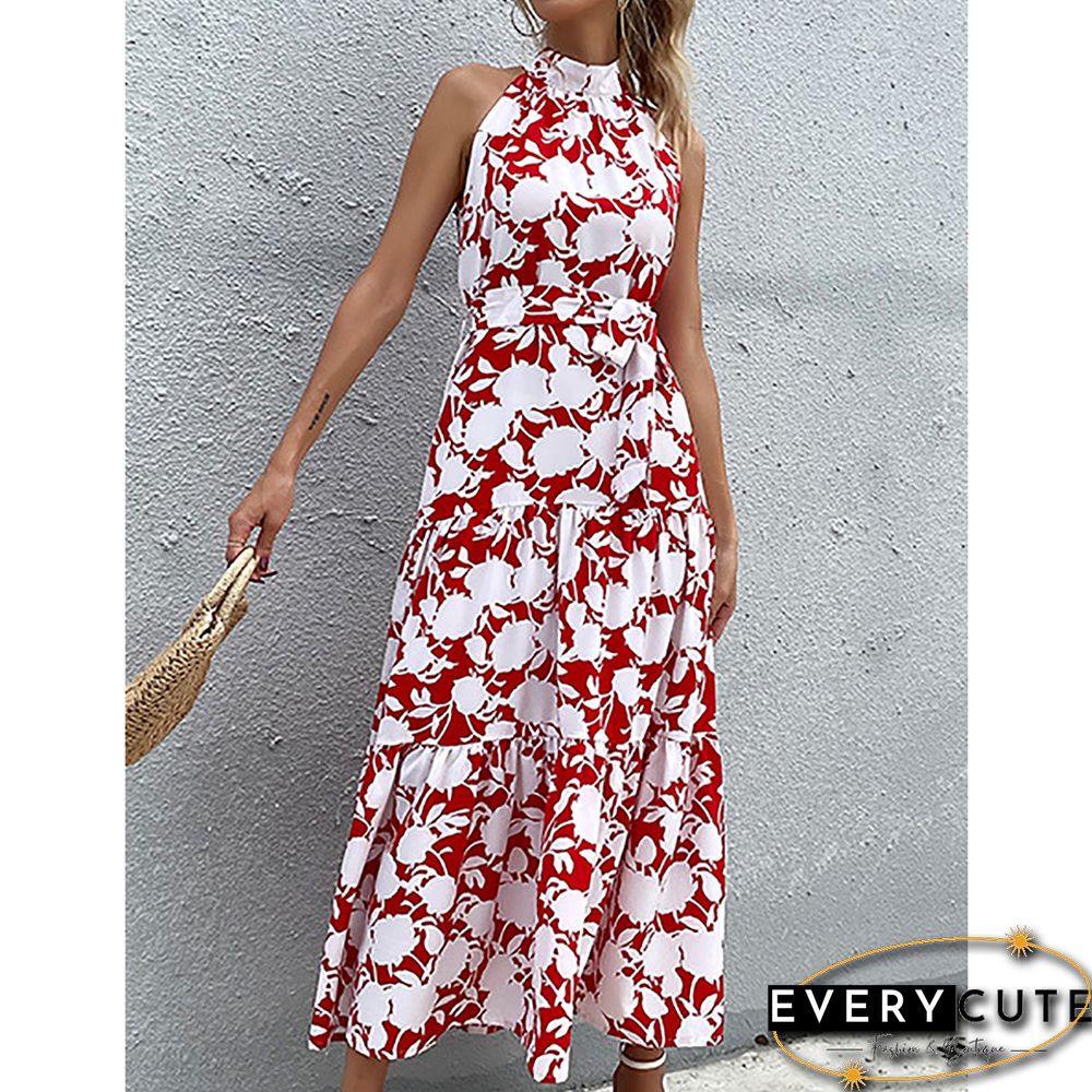 Red Floral Print Halter Maxi Dress