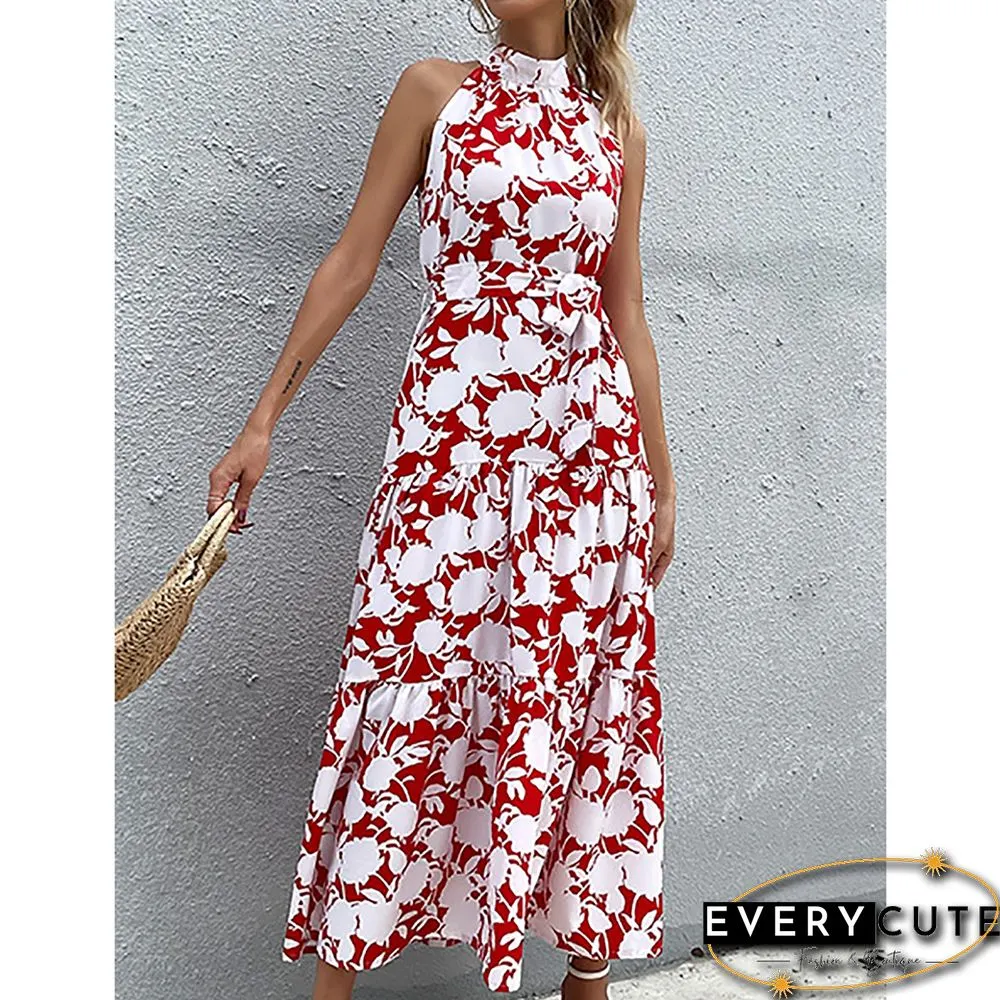 Red Floral Print Halter Maxi Dress