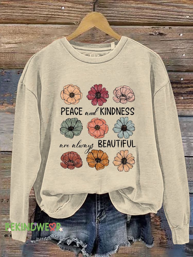 Peace& Kindnees Floral Print Casual Sweatshirt Beige / S