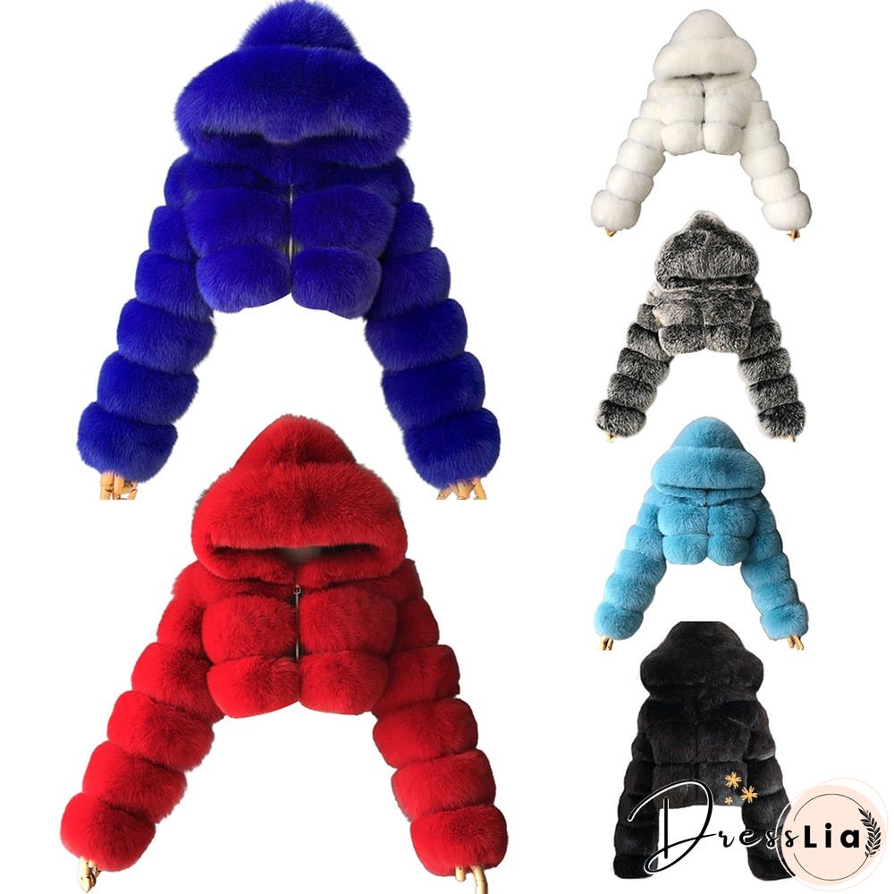 Plus size Women Jacket Fashion Autumn Winter Faux Fur Cropped Coat Fluffy Zip Hooded Warm Short Jacket