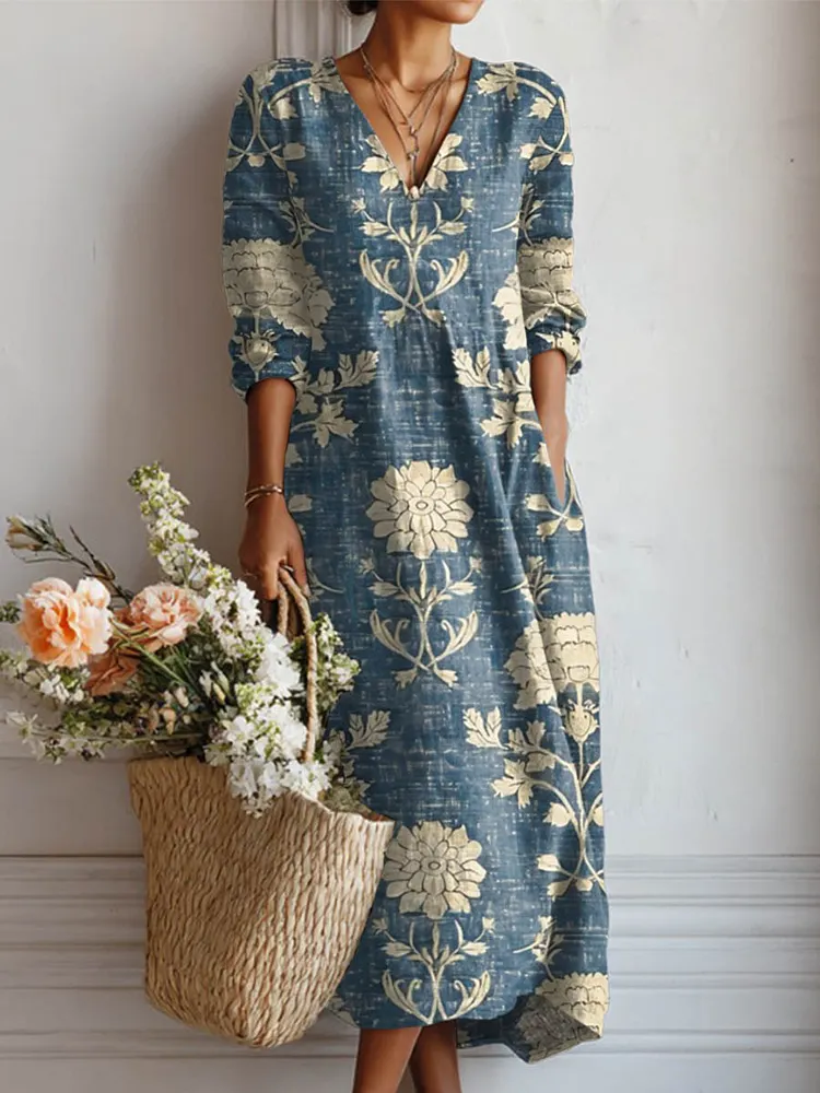 Women's Vintage Floral Pattern Art Print Cotton And Linen Pocket Dress