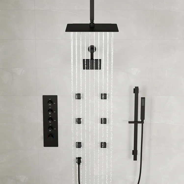 Thermostatic Rainfall Bathroom Shower System in Matte Black SFS