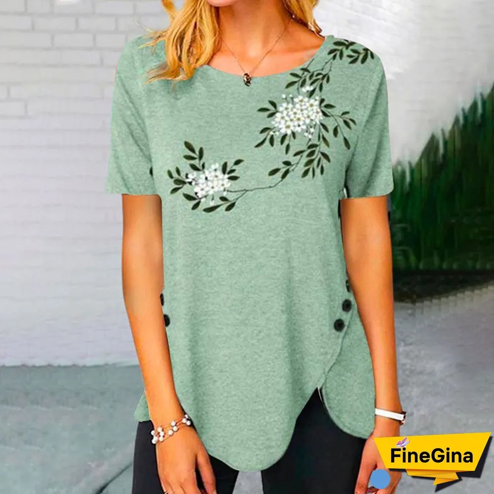 Crew Neck Plant Print Side Split Button Tee