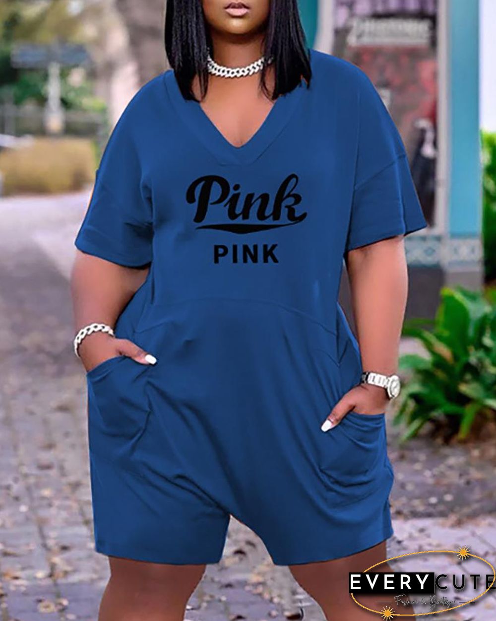 Pocket Design Letter Print Short Sleeve Romper