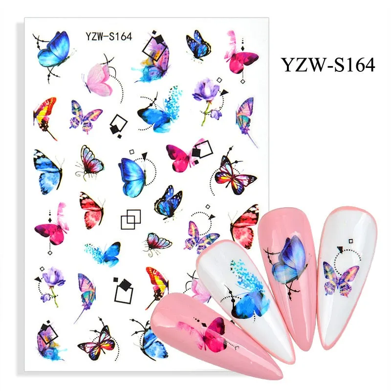 1pc Holographic Blue Nail Stickers Pink Colorful Butterfly Art Sticker With Adhesive DIY Extension Flowers Rose Nail Decoration-Nail Inspo