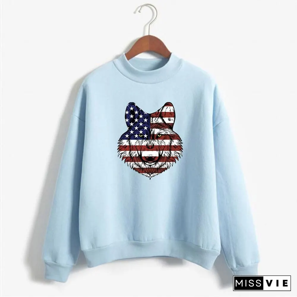 Women's Fashion Print Short Casual Pullover Loose Middle Collar Sweater