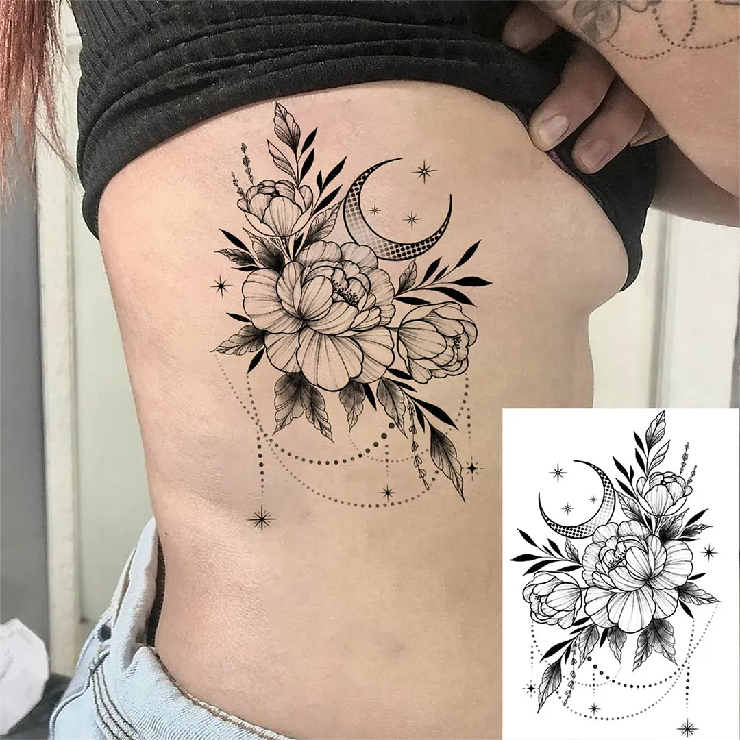 Flower Compass Temporary Tattoo For Women Girls Adult Rose Peony Tattoos Sticker Fake Black Floral Body Art Thigh Tatoos Paper