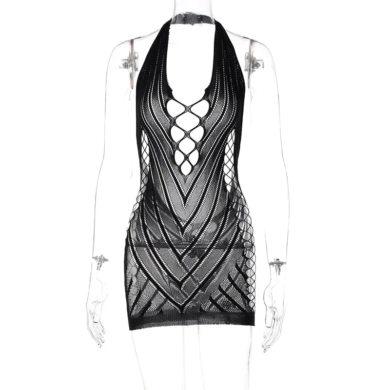 Hugcitar Solid Halter Sleeveless Backless Mesh Hollow Out Mini Dress 2021 Summer Fall Bodycon Sexy Party Club Elegant Y2K