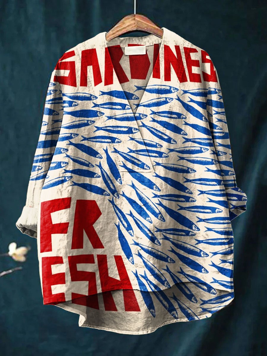 Women's Vintage Fish Sardines Art Print Casual Cotton And Linen V-neck Shirt