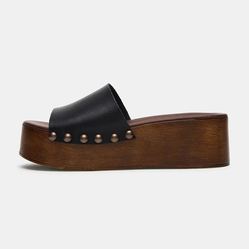 Women's Black Faux Leather Platform Slide Sandals with Studded