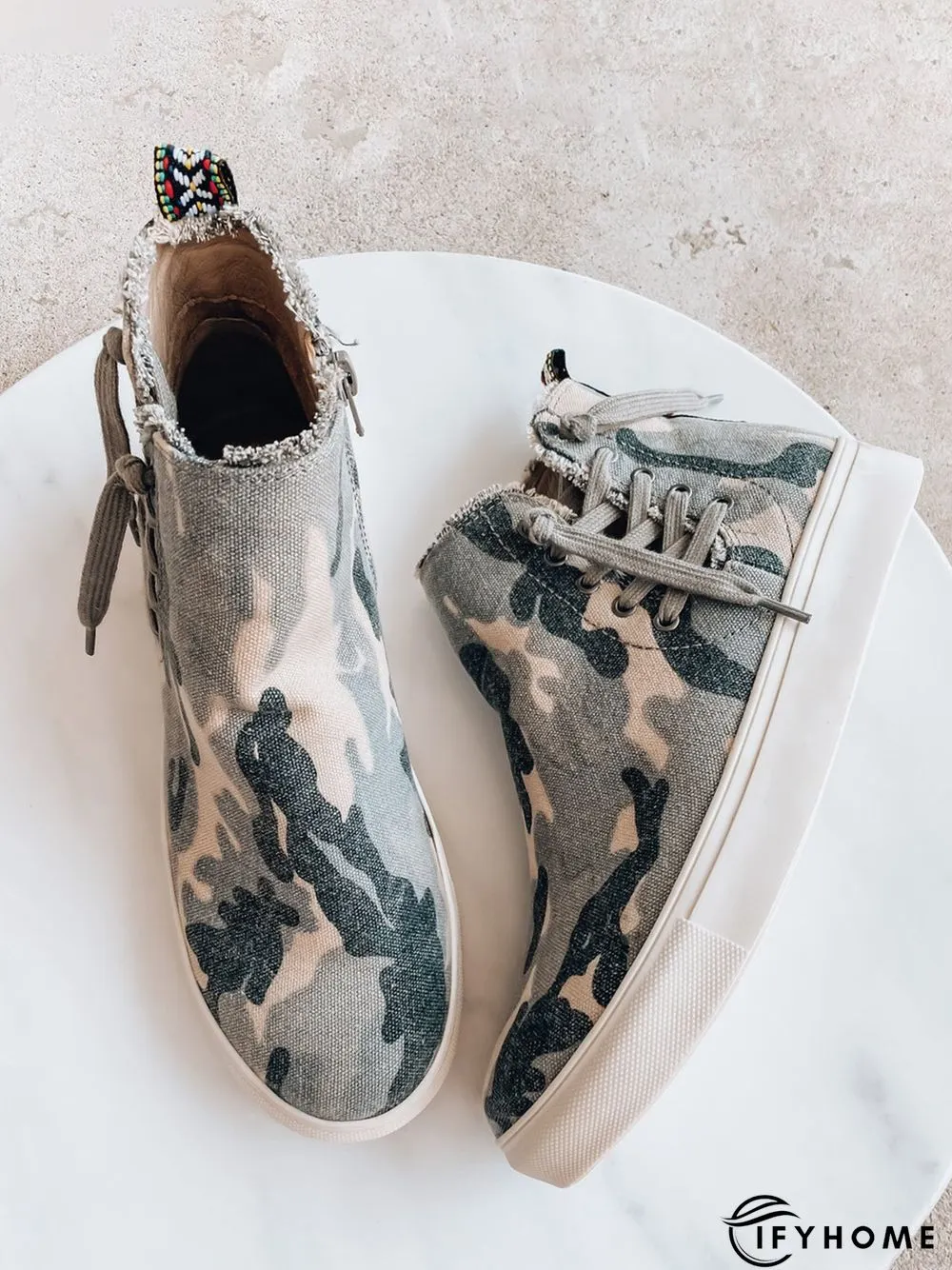 Casual Lace-up Decor Fringe High Top Canvas Shoes with Side Zip | IFYHOME