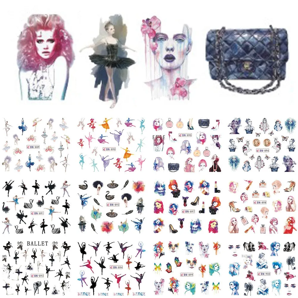 Nail Stickers Water Transfer Ballet Abstract Art Designs 12Pcs/Set Nail Decal Decoration Tips For Beauty Salons-Nail Inspo