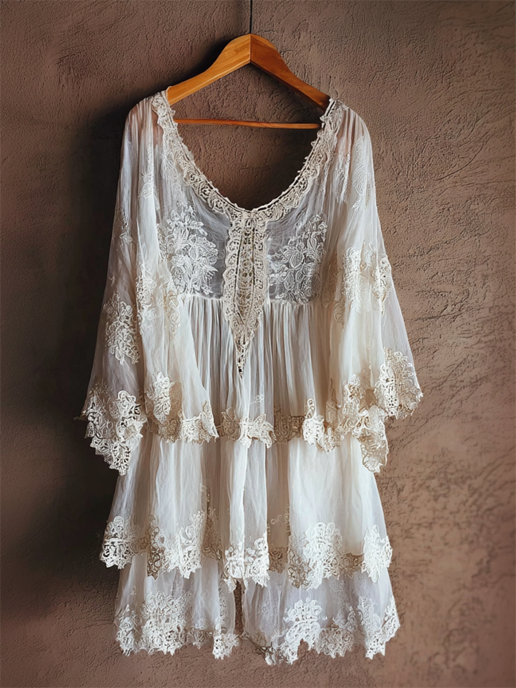 Vintage Boho Floral Lace Layered Flowy Mini Dress elevenforest