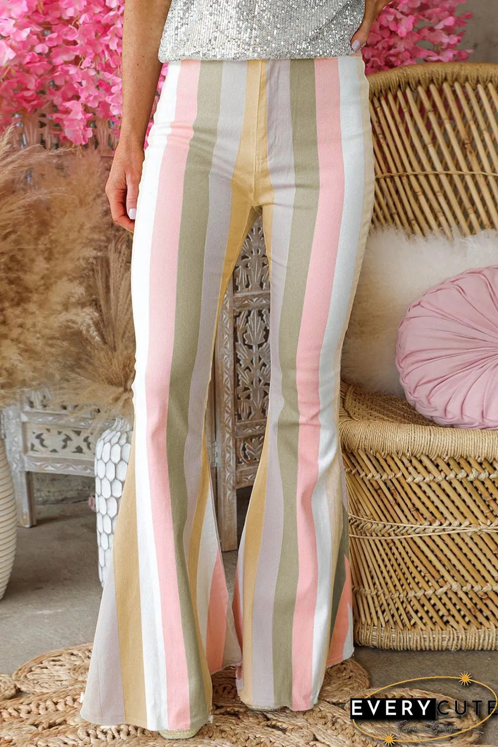 Multicolor Color Block Striped High Waist Flare Pants