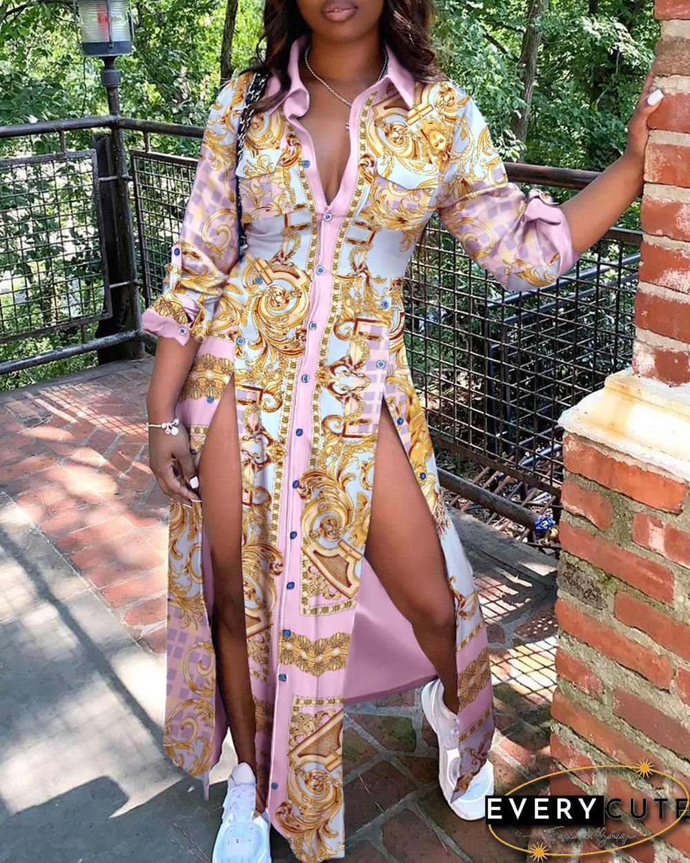 High Slit Scarf Print Buttoned Maxi Shirt Dress