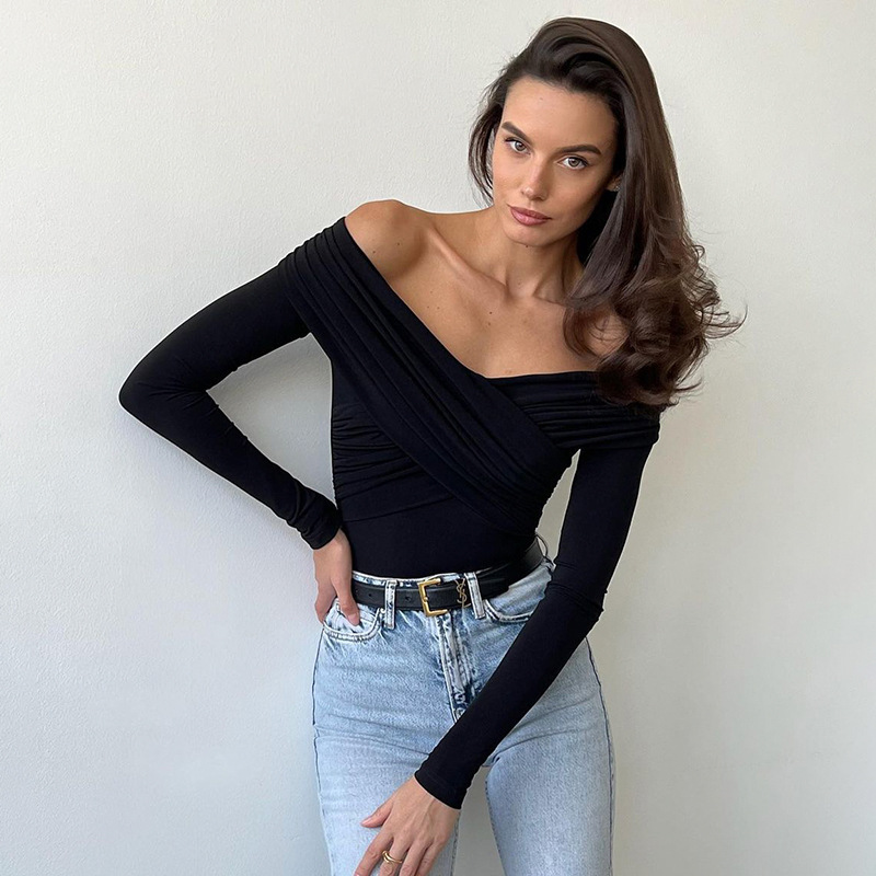 Ootddress Wrinkled Cross Fitting Long Sleeves Women T-shirt Solid Patchwork Pullover Top Female Fashion Elegant T-shirt Spring 2025