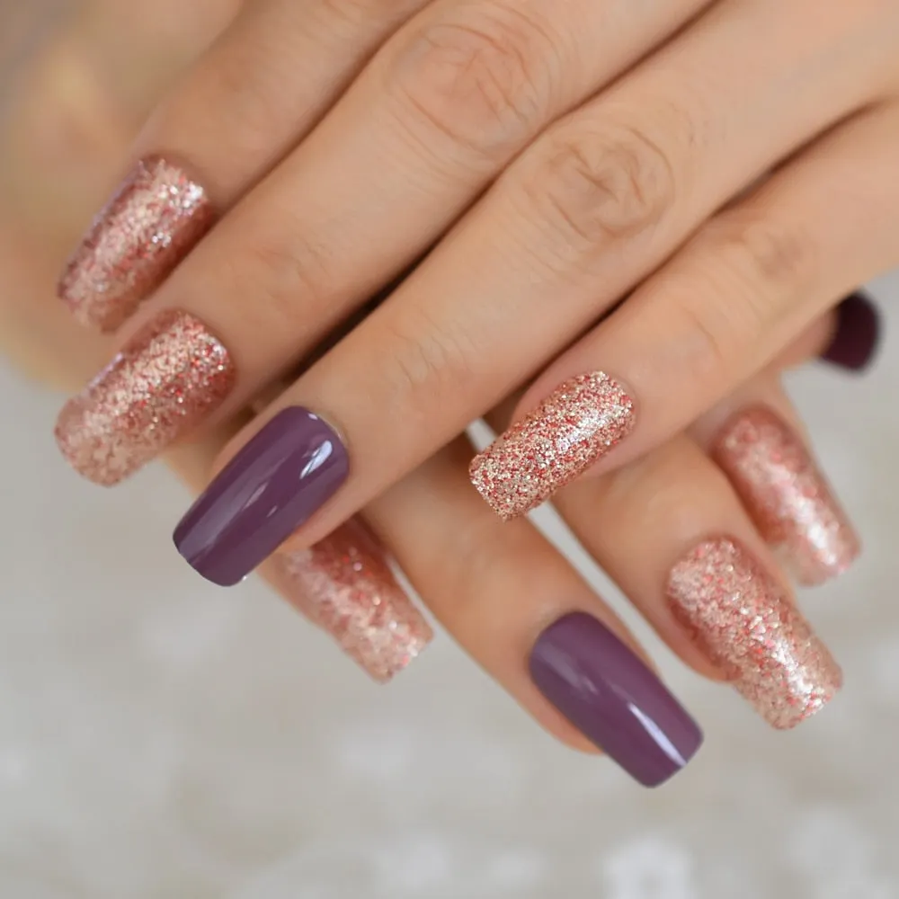 Taro Purple Square Fake Nails Mix Red Champagne Glitter Medium Press On Nails UV Shiny Nail Art Tips Including Glue Tabs-Nail Inspo