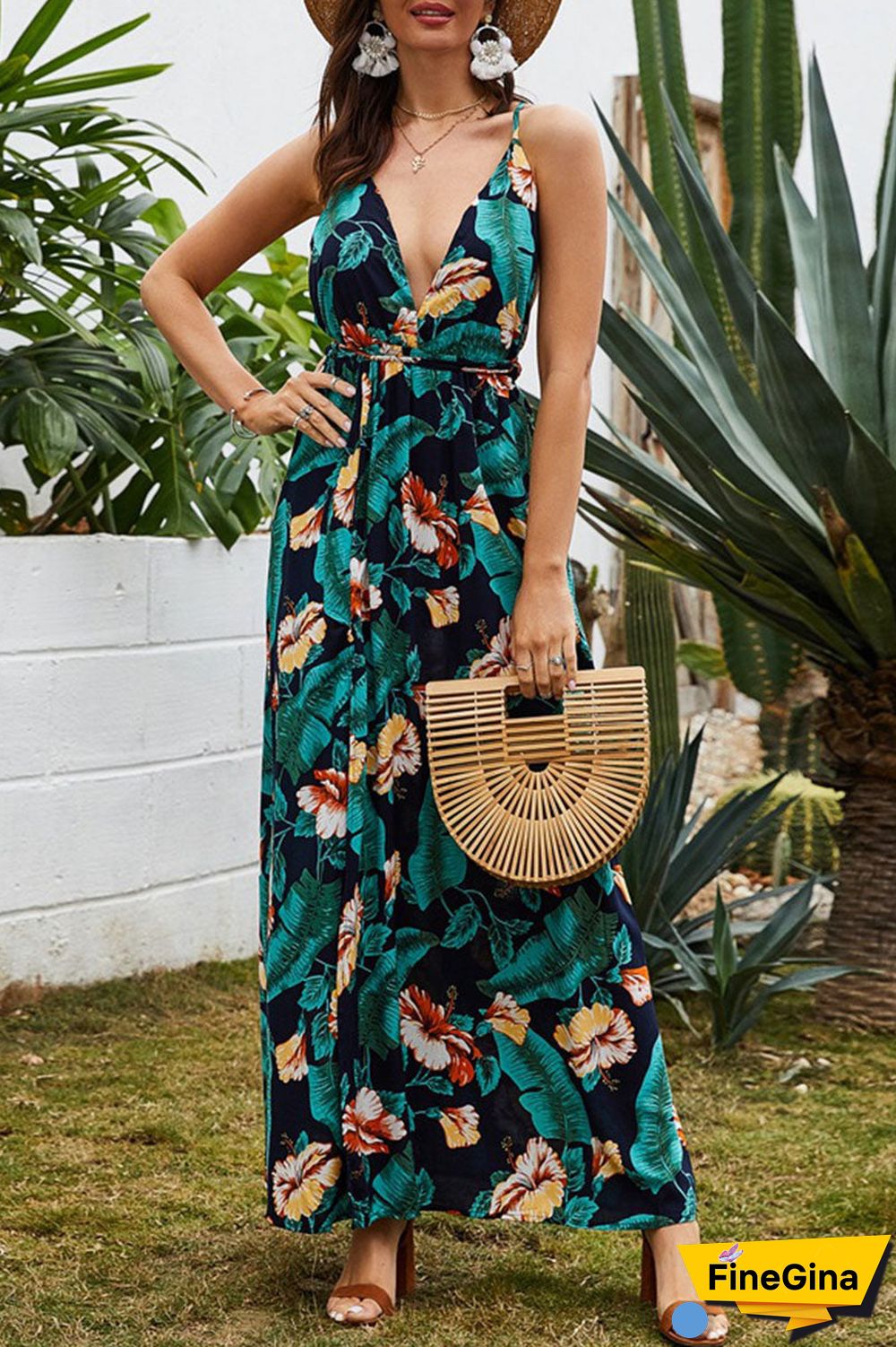 Fashion Bohemian Print Backless V Neck A Line Dresses