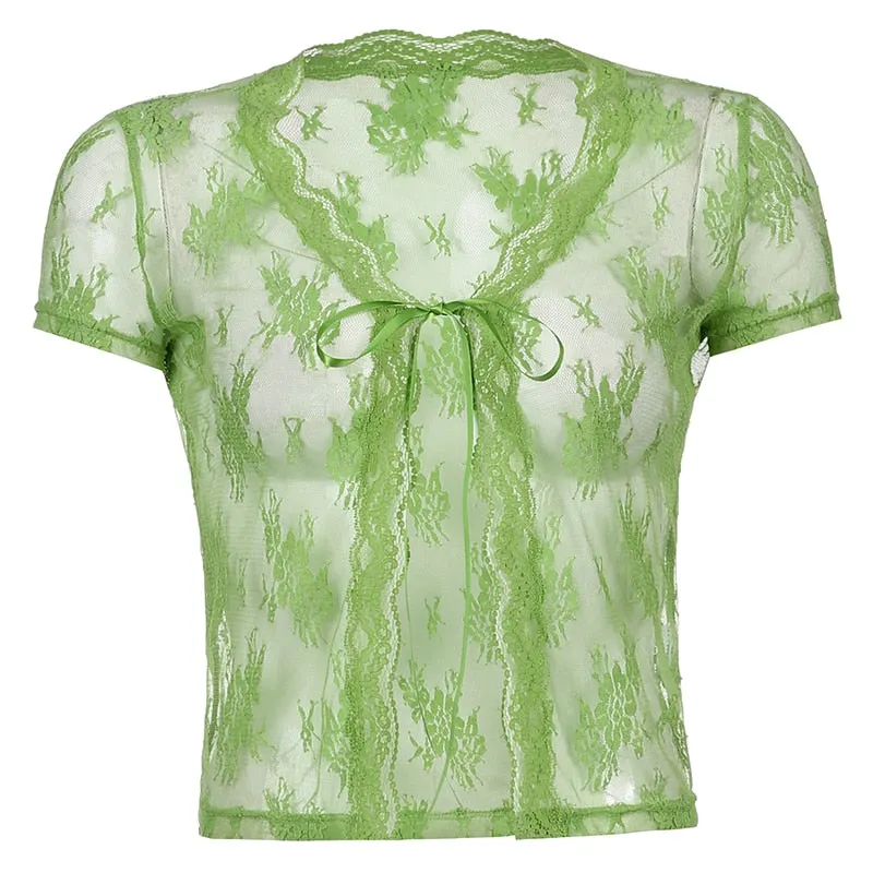 Rapcopter Floral Lace Cardigans Y2K Brown Crop Top Frill Cute T Shirt Tie Up Short Sleeve Tshirt Women Harajuku Tee Top Vintage