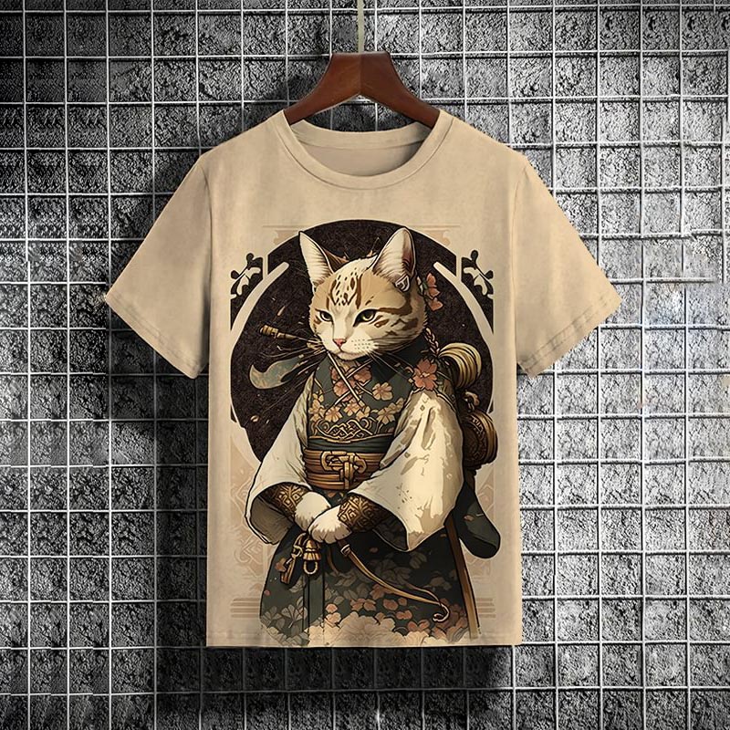 Men's Cat Wearing Kimono Print Short Sleeve Casual T-Shirt  artssus