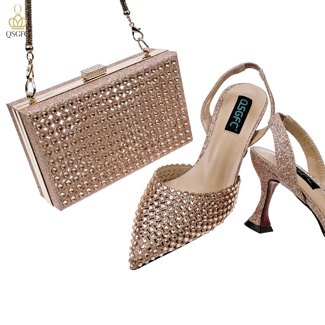 QSGFC New Arrival Popular Cutout Style In Nigeria Italian Design Elegant D.Purple Color Ladies Shoes and Bag For Party Wedding