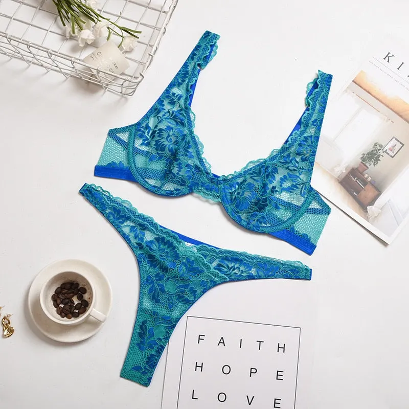 Yimunancy 2-Piece Lace Bra Set Women Bra Underwire + Panty 2021 Summer Lingerie Set  Ladies Sexy Underwear Set