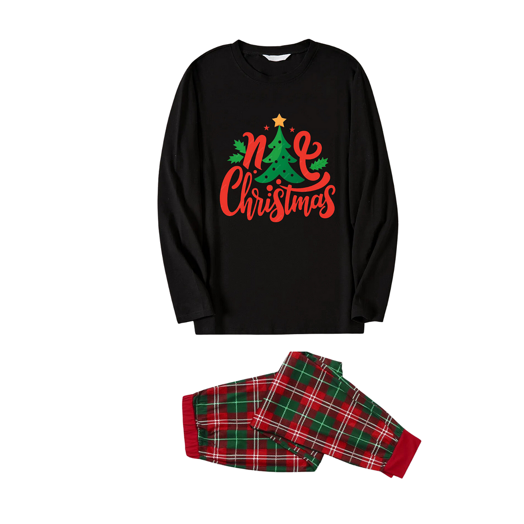 Christmas Tree with Stars and Colorful Pattern Black Top with Red & Green Plaid Pants Family Matching Pajamas