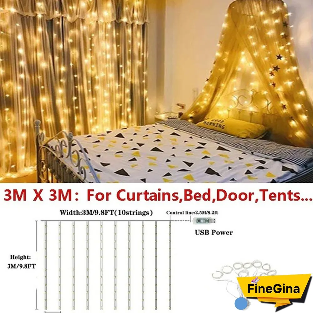 300LED Curtain String Lights 8 Modes with Remote Control Waterproof Fairy Lights Wedding Party Room Christmas Decoration Lights USB Powered