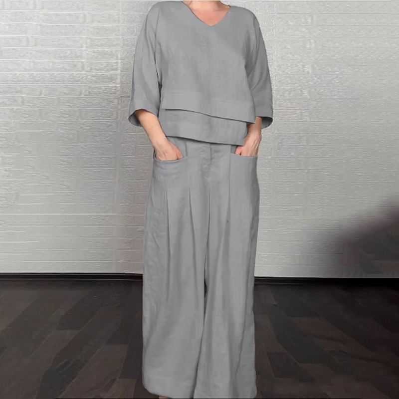 Casual Solid Color Large Size Irregular Linen Two Piece Set elevenforest