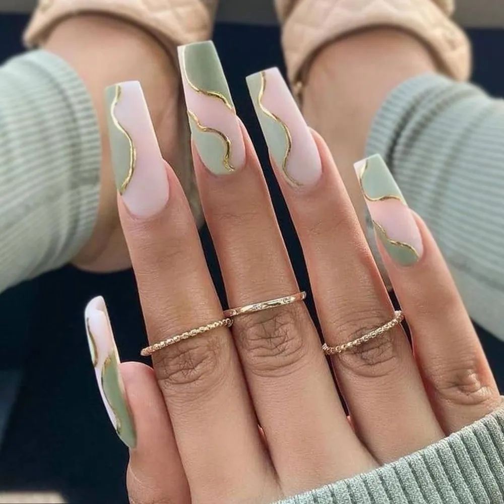 Detachable Marble Gradient Long Coffin False Nails Wearable Gold Foil Ballerina Fake Nails Full Cover Nail Tips Press On Nails