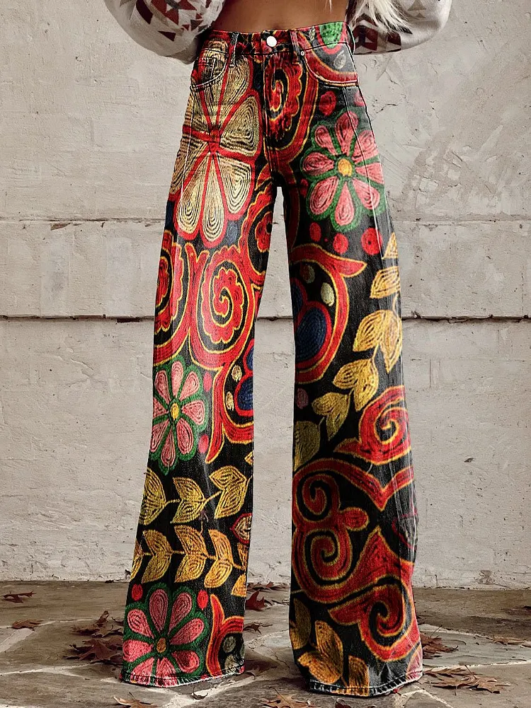 Women's Vintage Plant Flower Print Casual Wide Leg Pants
