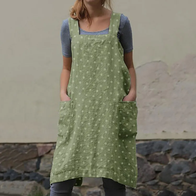 Pocket Polka Dot Cotton And Linen Strap Apron Dress