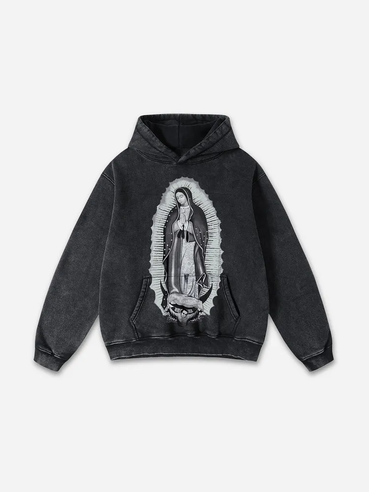 Vintage Our Lady of Guadalupe Graphic Acid Washed Oversized Hoodie