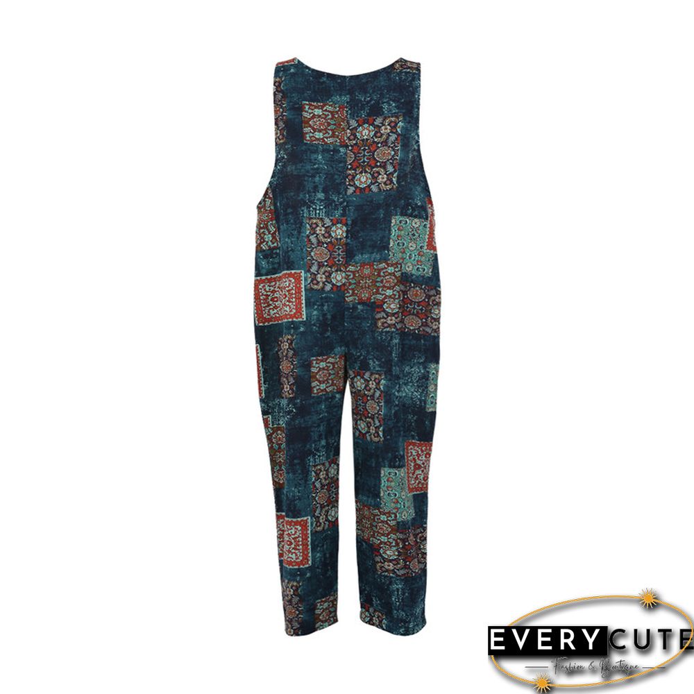 Women Summer Baggy Retro Jumpsuit Vintage Printed Loose Casual Sleeveless Overall Long Romper Playsuit Trousers Pants