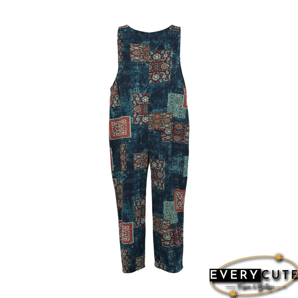 Women Summer Baggy Retro Jumpsuit Vintage Printed Loose Casual Sleeveless Overall Long Romper Playsuit Trousers Pants