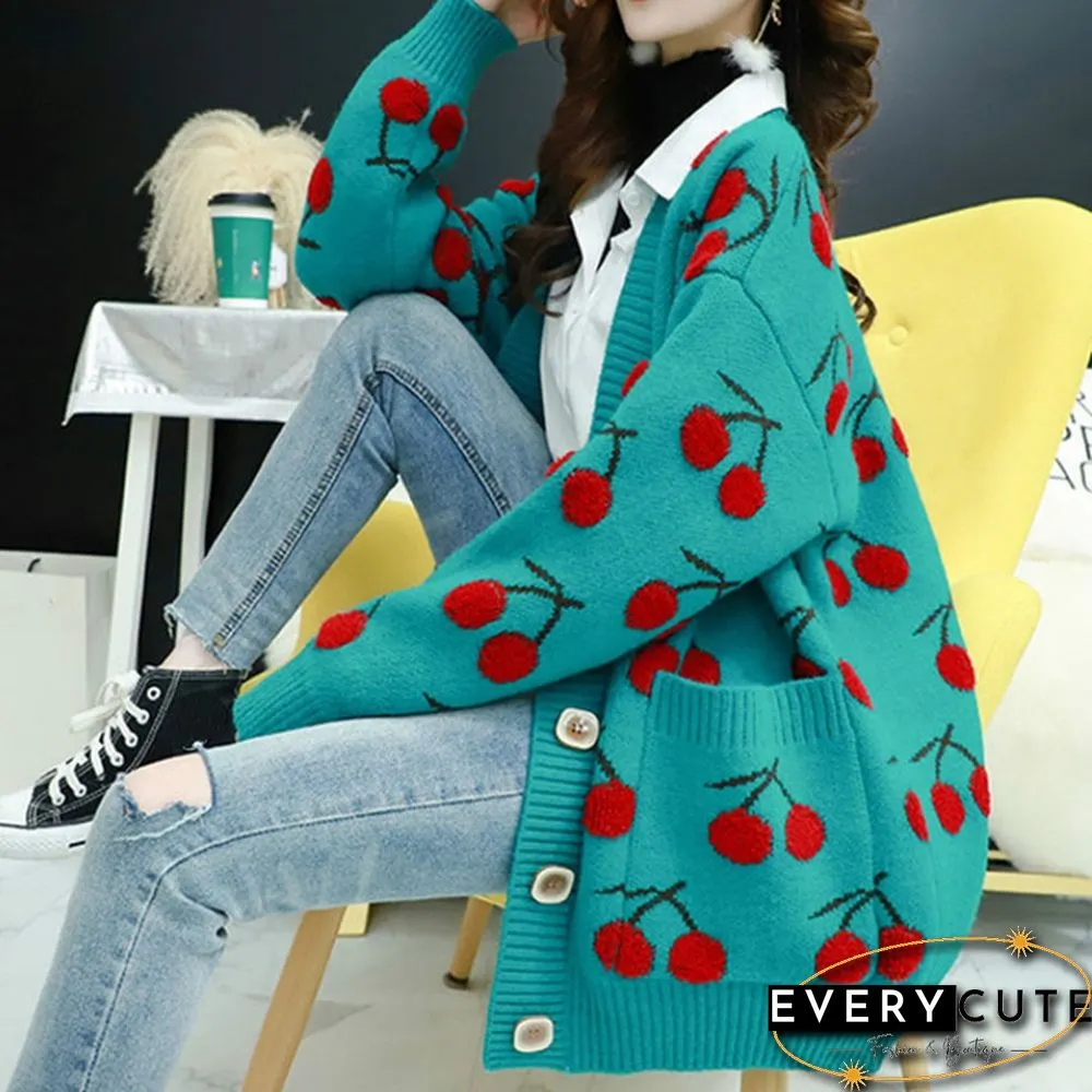 VANGULL Brand Women Fruit Printting Knitted Sweater Cardigans Single Breasted Long Sleeve Korean Style Loose Sweater Tops