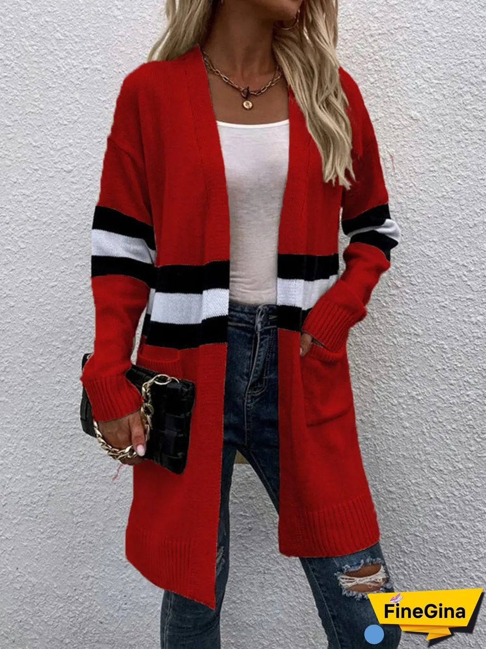 Women's V-neck Stitching Sweater Cardigan Jacket Mid-length Coat