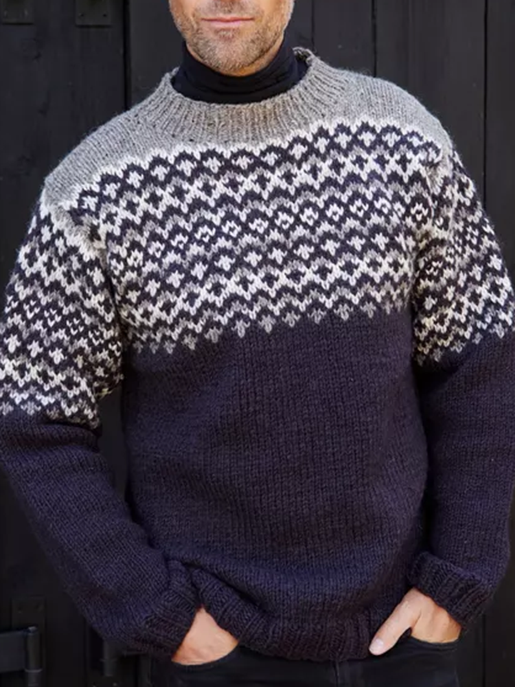 Retro Warm Jacquard Iceland Contrast Color Crew Neck Sweater