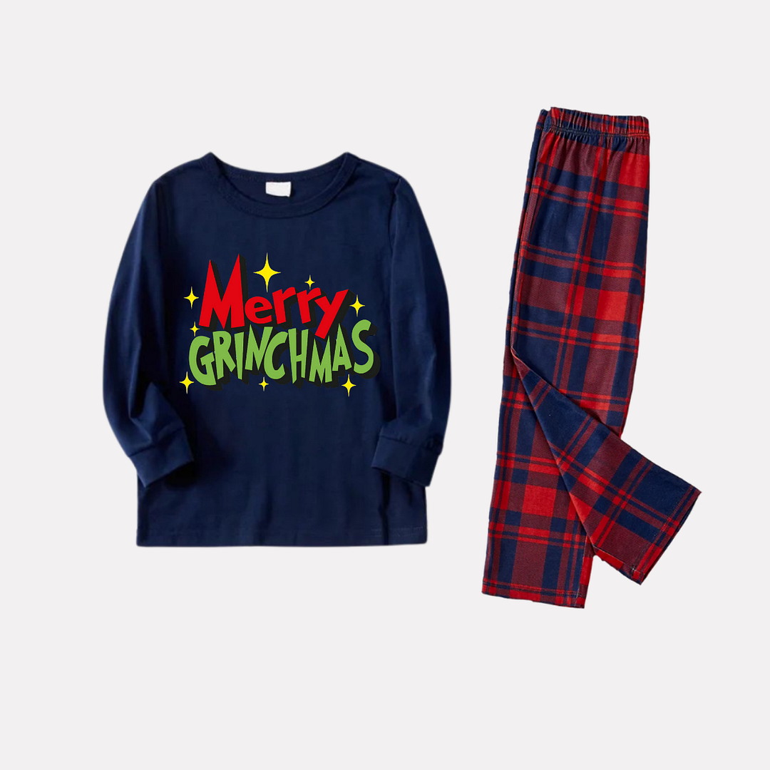 Funny Christmas Slogan Print Blue Long Sleeve Top with Blue & Red Plaid Family Matching Pajamas