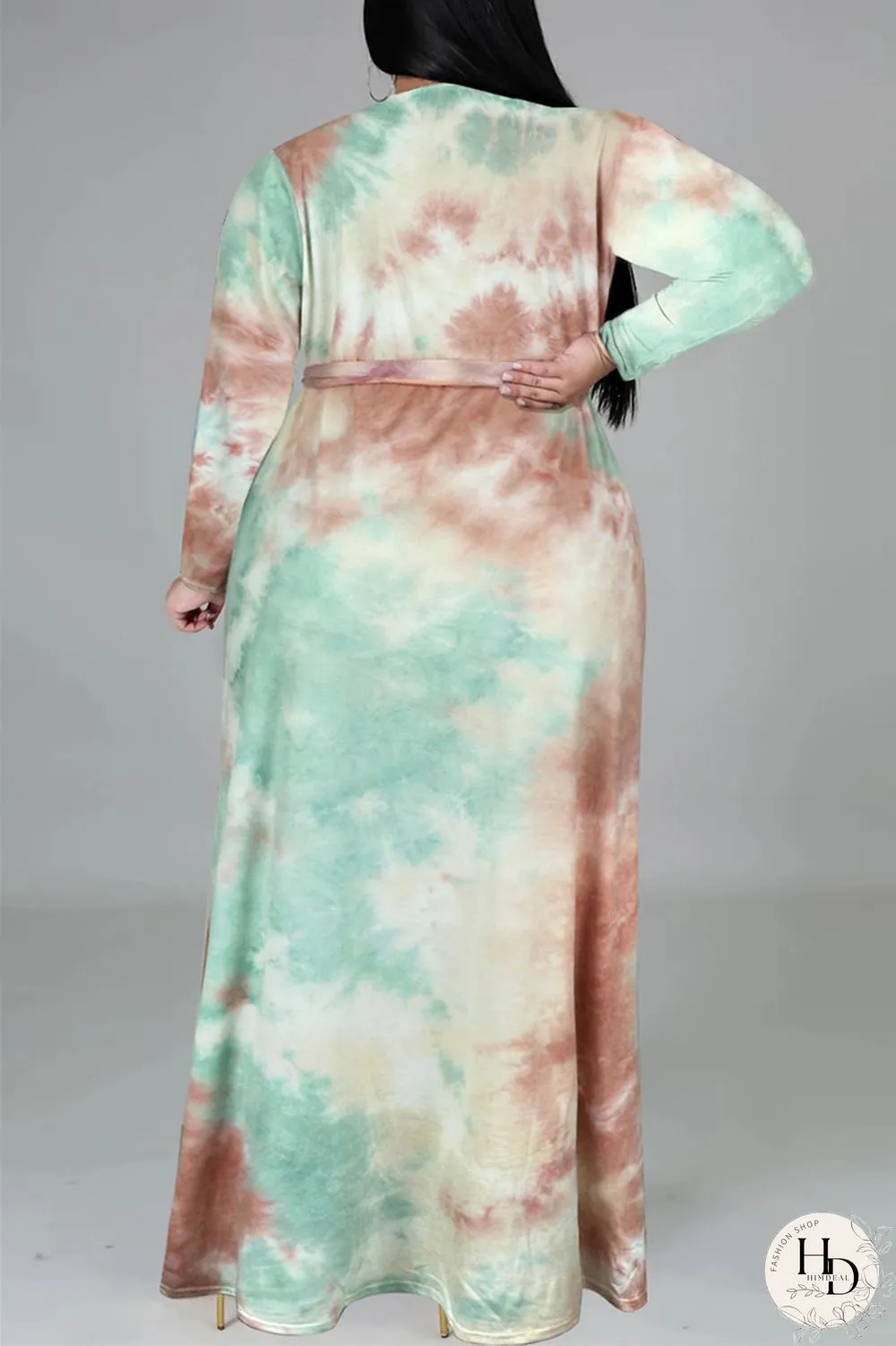 Colour Fashion Casual Print Tie-dye V Neck Long Sleeve Plus Size Dress