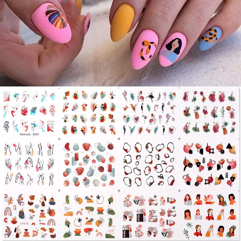 12Pcs Flower Leaf Geometric Lines Water Decals Spring Floral Butterfly Transfer Sliders Paper For Nails Decoration Manicures